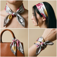 Roselys Paris foulard femme rose gris fleuri carré satiné 70x70 cm, en bandeau dans les cheveux