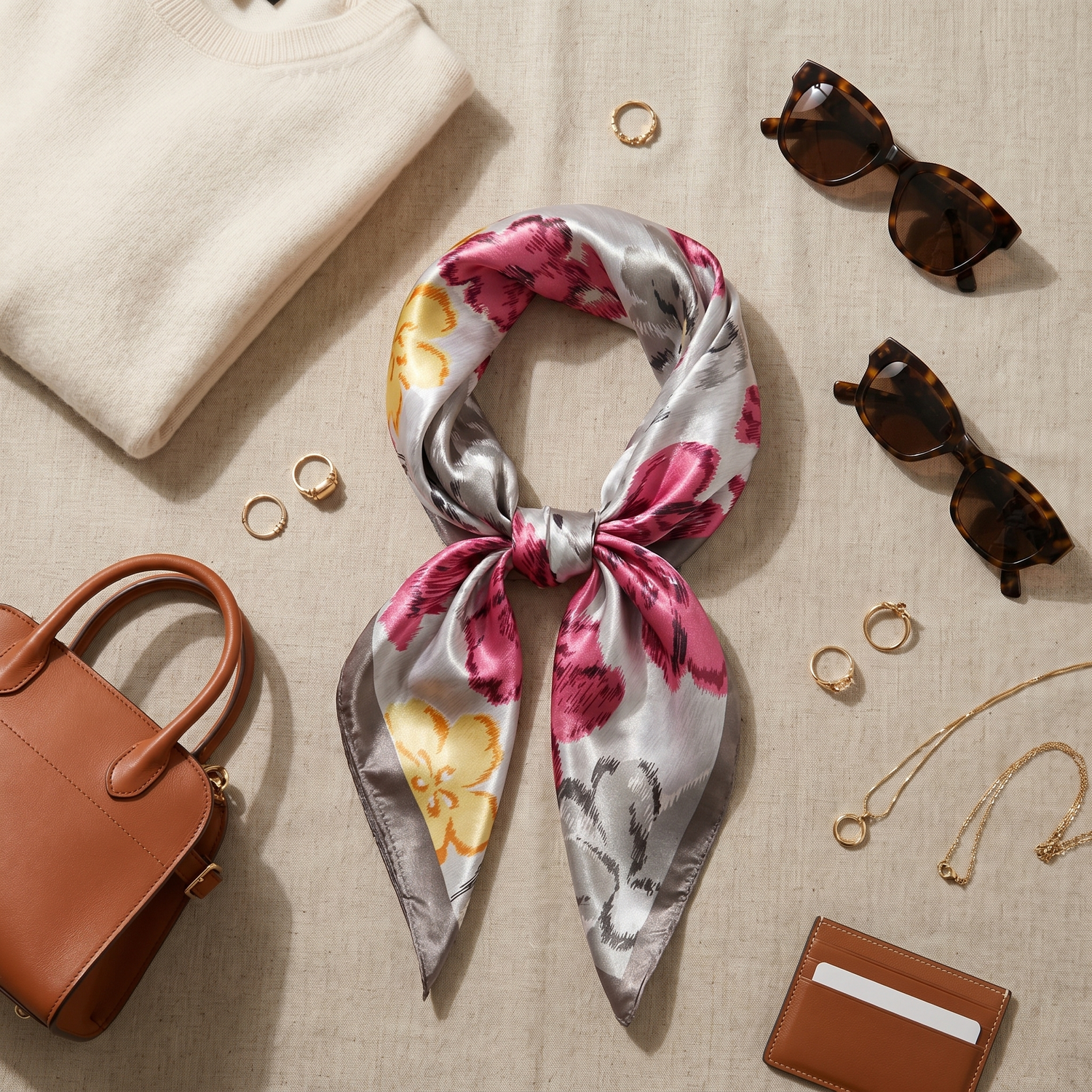 Roselys Paris foulard femme rose gris fleuri carré satiné 70x70 cm, porté au cou