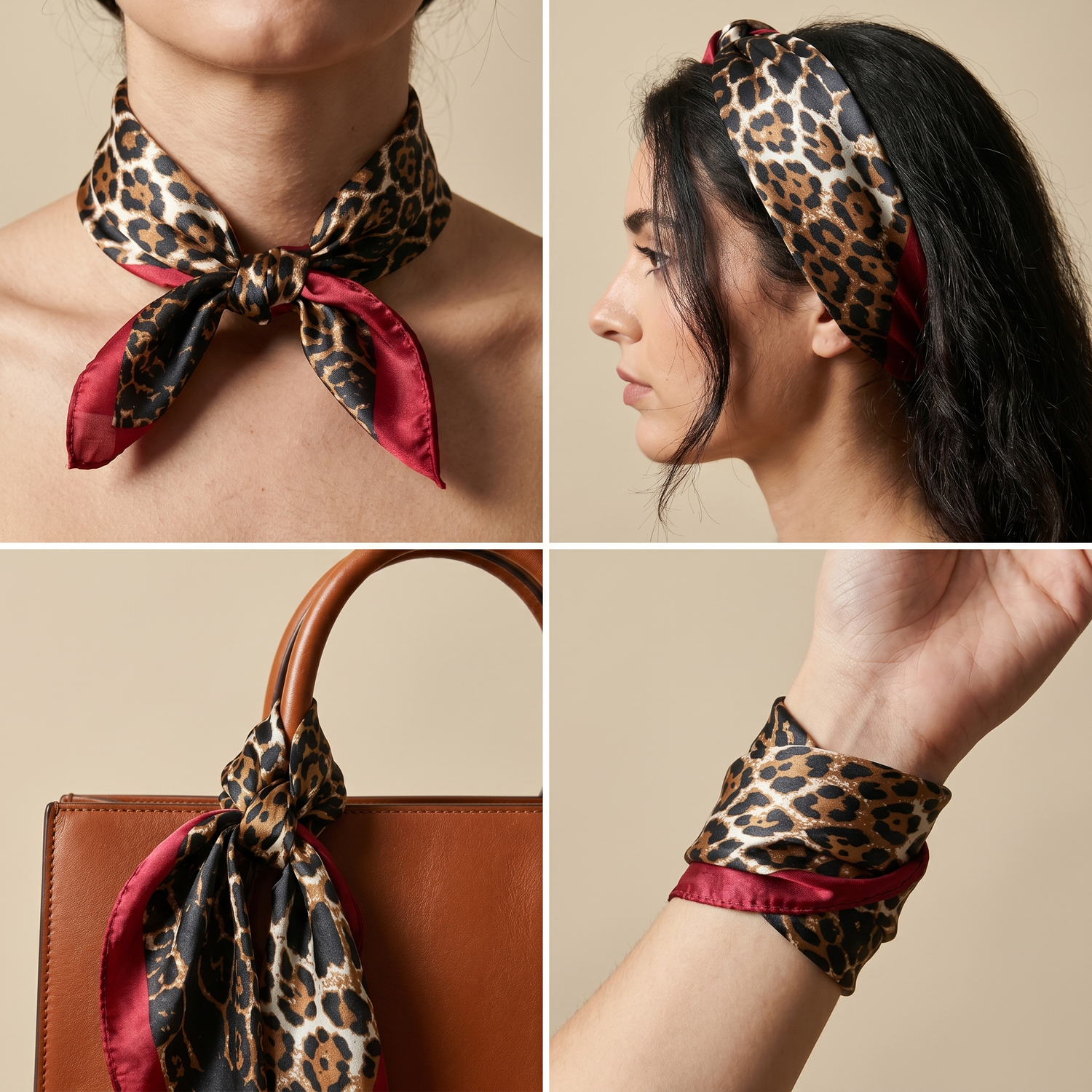 Roselys Paris foulard femme marron rouge animalier carré satiné 70x70 cm, en bandeau dans les cheveux