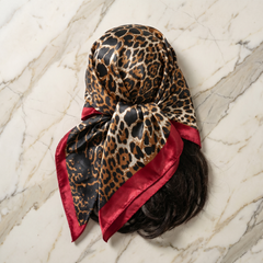 Roselys Paris foulard femme marron rouge animalier carré satiné 70x70 cm