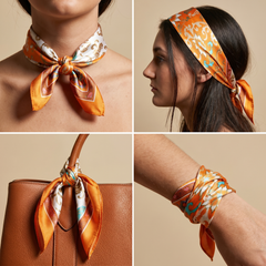 Roselys Paris foulard femme orange doré baroque carré satiné 70x70 cm, en bandeau dans les cheveux