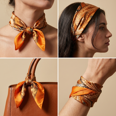 Roselys Paris foulard femme orange crème baroque carré satiné 70x70 cm, en bandeau dans les cheveux