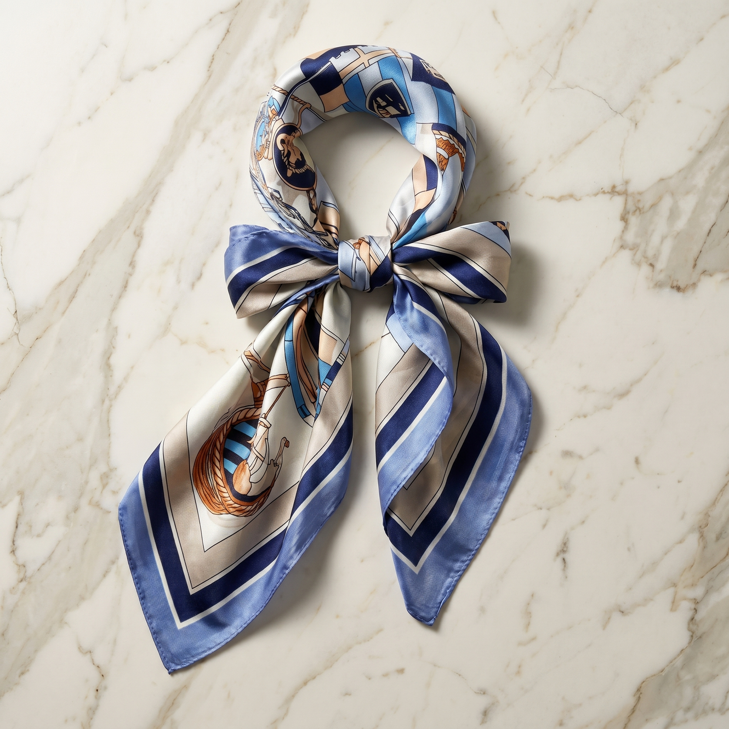 Roselys Paris foulard femme bleu blanc fleuri carré satiné 70x70 cm