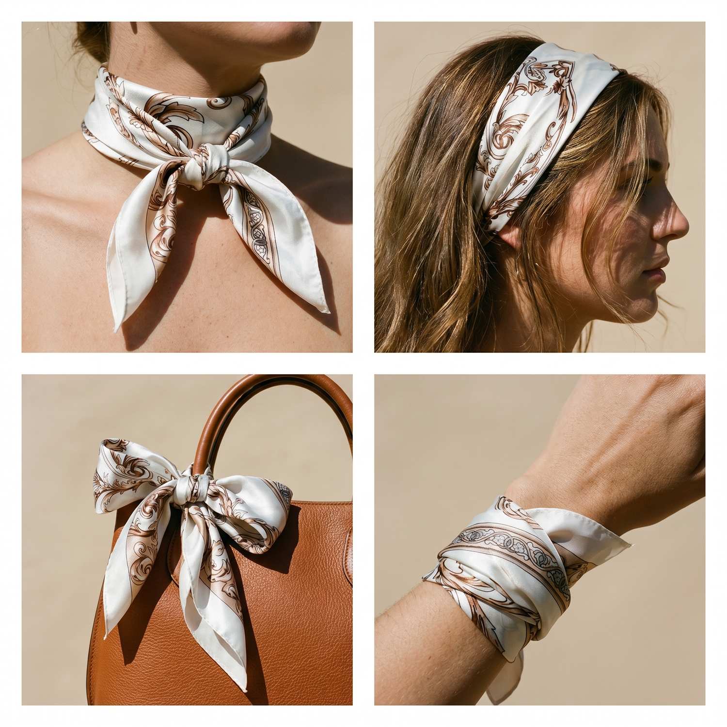 Roselys Paris foulard femme crème doré baroque carré satiné 70x70 cm, en bandeau dans les cheveux