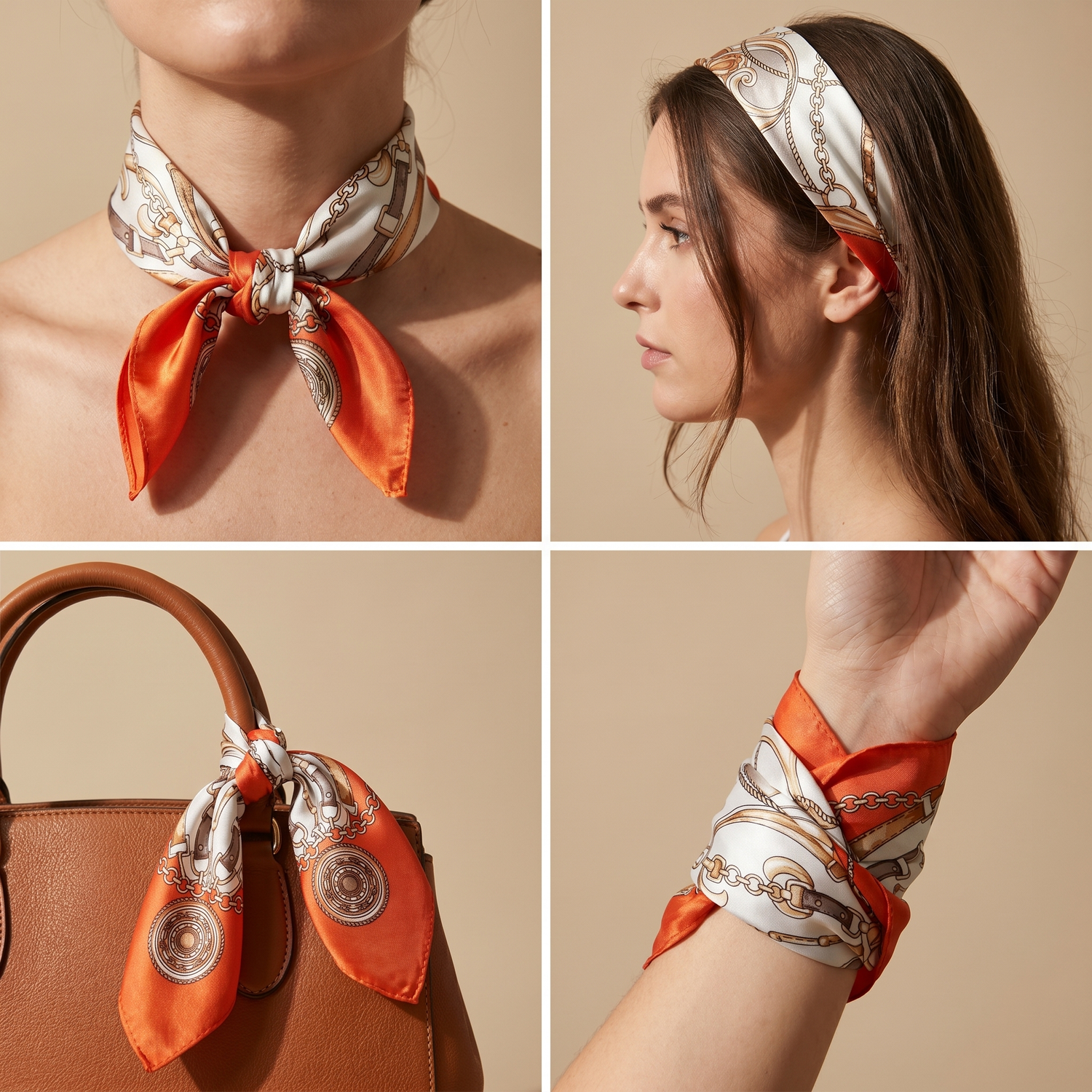 Roselys Paris foulard femme crème orange baroque carré satiné 70x70 cm, en bandeau dans les cheveux