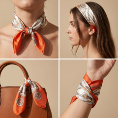 Roselys Paris foulard femme crème orange baroque carré satiné 70x70 cm, en bandeau dans les cheveux