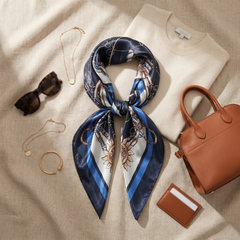 Roselys Paris foulard femme marine bleu baroque carré satiné 70x70 cm, porté au cou