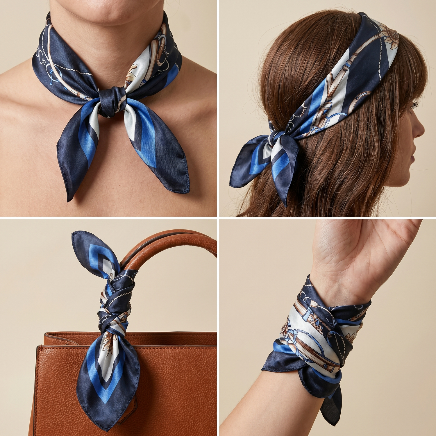 Roselys Paris foulard femme marine bleu baroque carré satiné 70x70 cm, en bandeau dans les cheveux