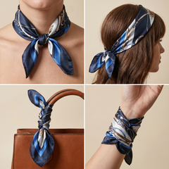 Roselys Paris foulard femme marine bleu baroque carré satiné 70x70 cm, en bandeau dans les cheveux