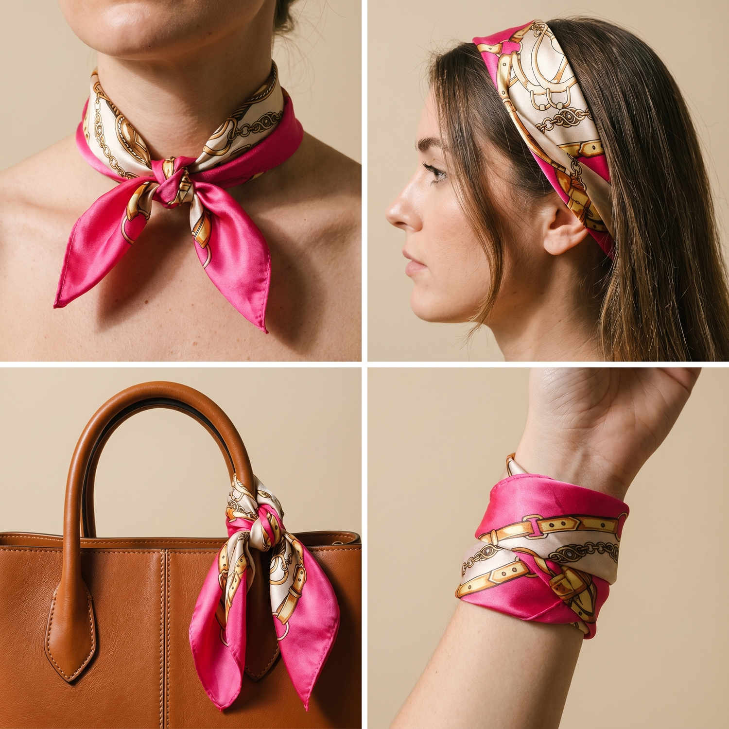 Roselys Paris foulard femme rose crème paisley carré satiné 70x70 cm, en bandeau dans les cheveux