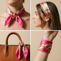 Roselys Paris foulard femme rose crème paisley carré satiné 70x70 cm, en bandeau dans les cheveux