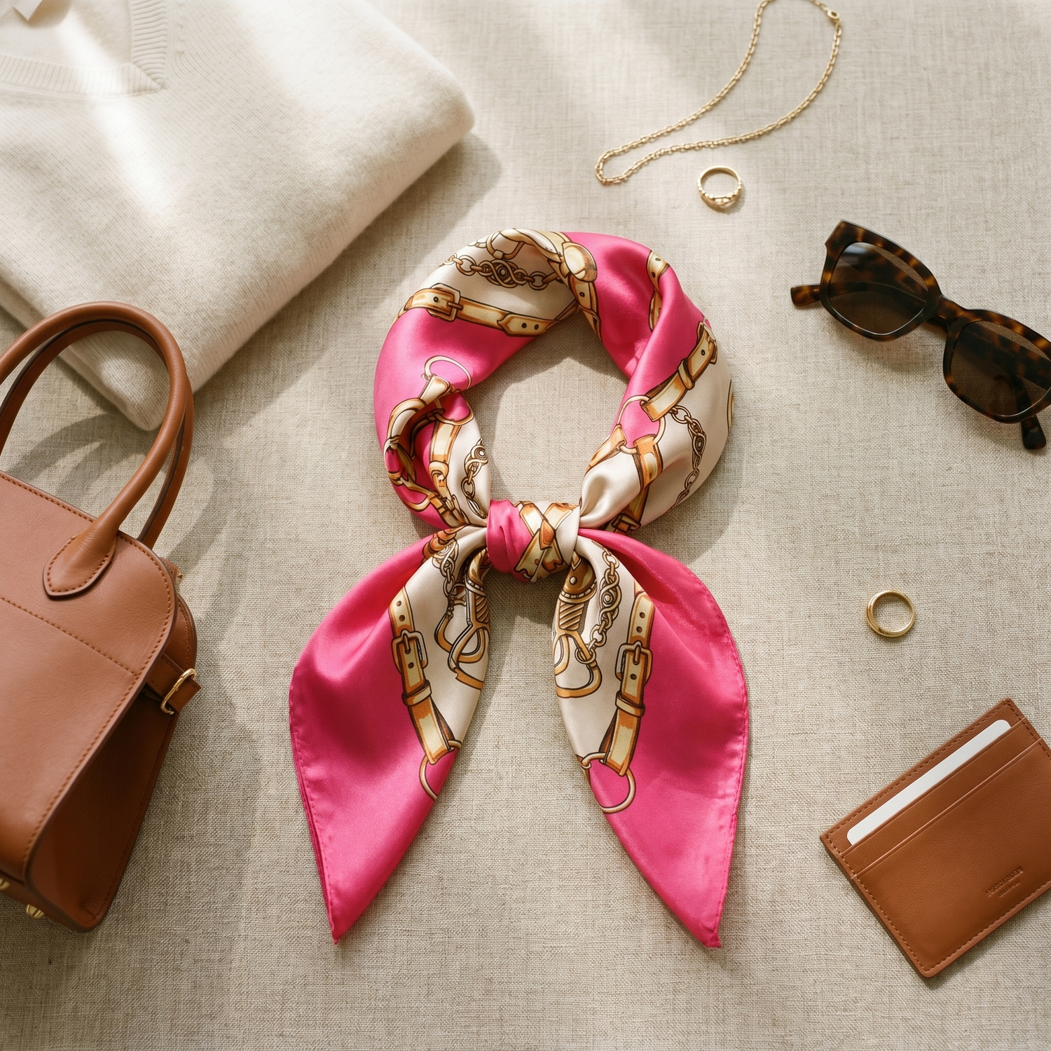 Roselys Paris foulard femme rose crème paisley carré satiné 70x70 cm, porté au cou