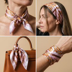 Roselys Paris foulard femme rose marron baroque carré satiné 70x70 cm, en bandeau dans les cheveux