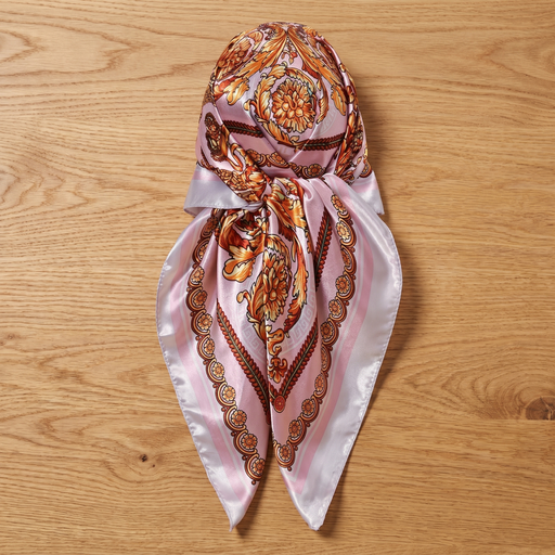 Roselys Paris foulard femme rose marron baroque carré satiné 70x70 cm