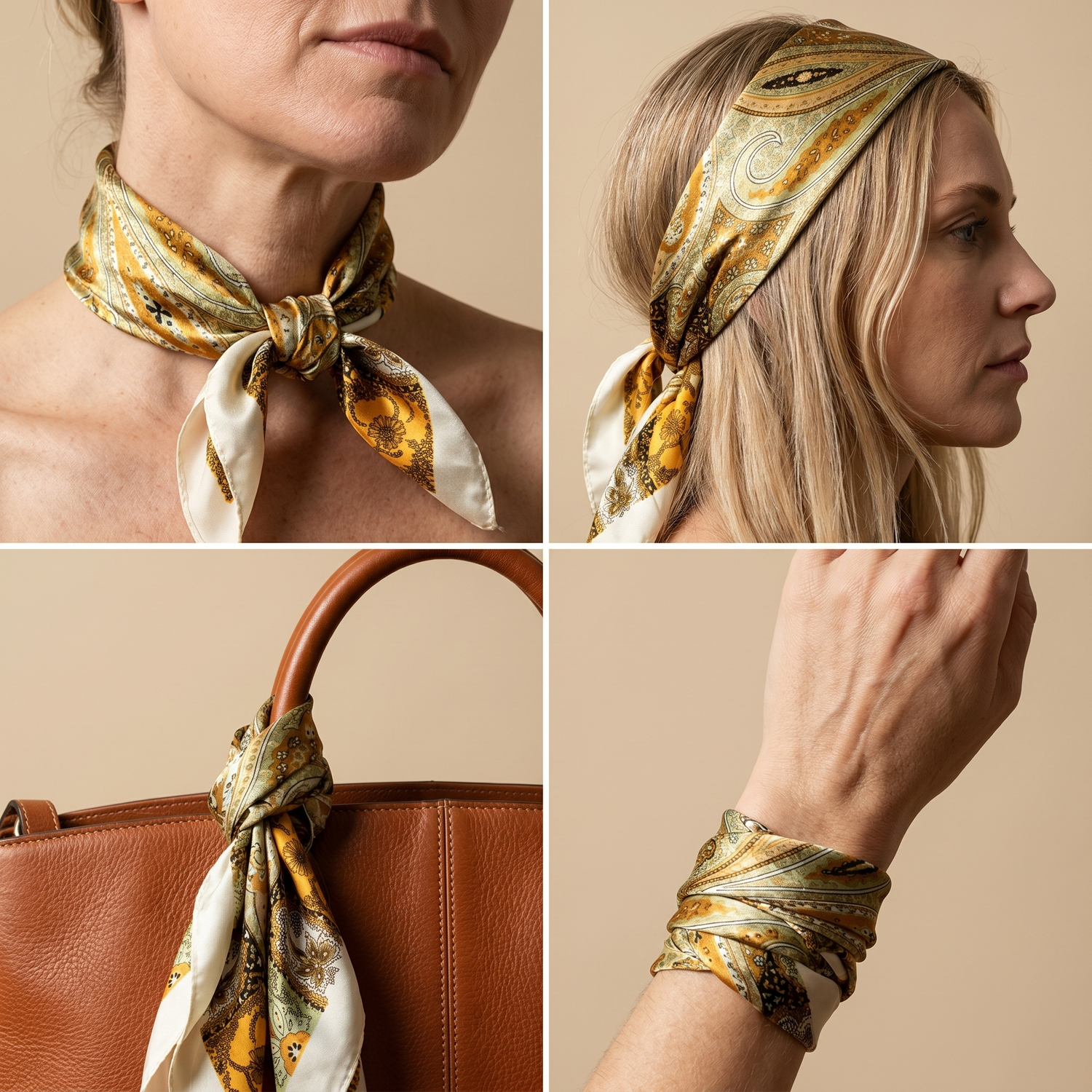 Roselys Paris foulard femme doré vert fleuri carré satiné 70x70 cm, en bandeau dans les cheveux