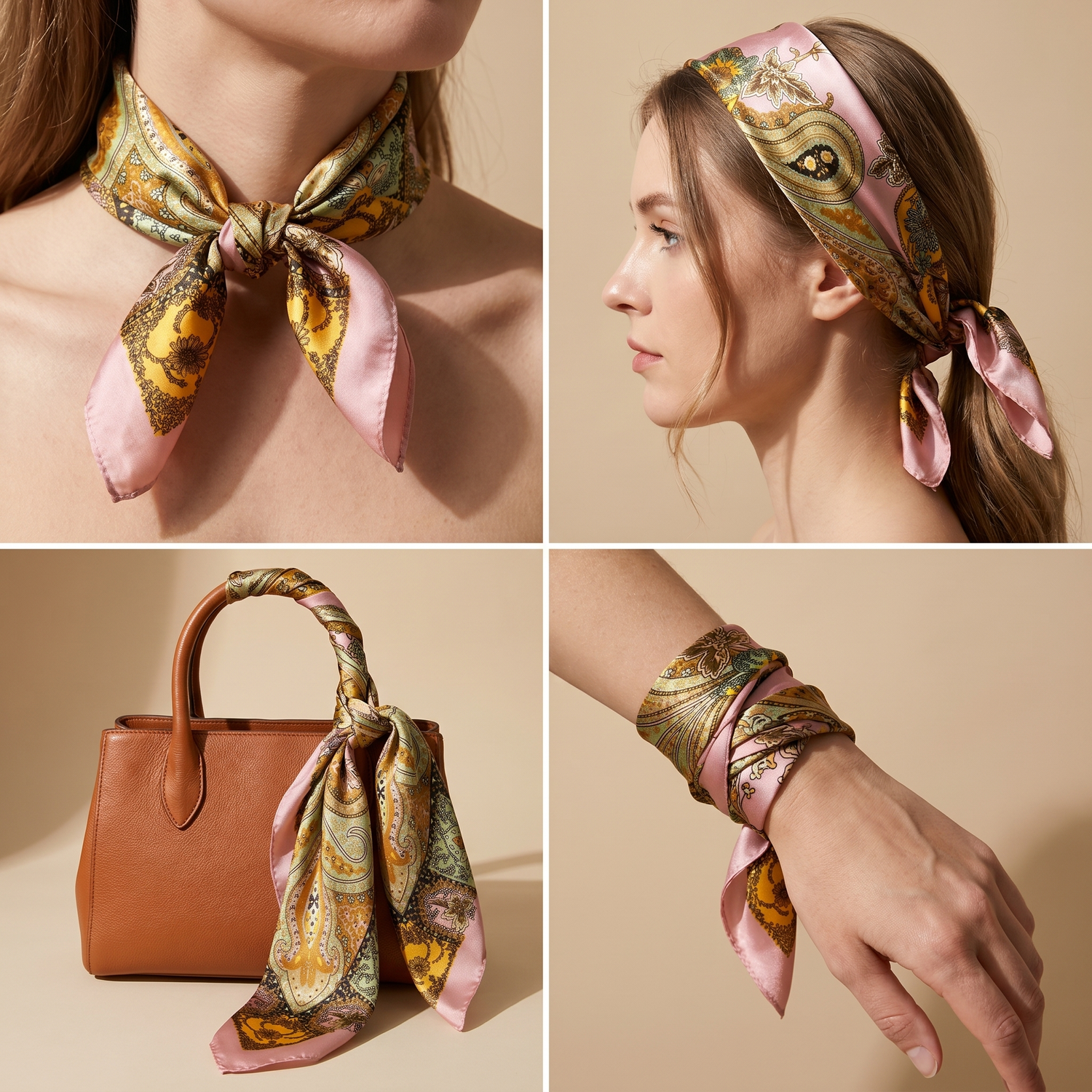 Roselys Paris foulard femme crème vert fleuri carré satiné 70x70 cm, en bandeau dans les cheveux
