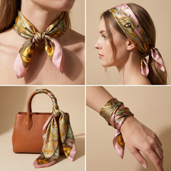 Roselys Paris foulard femme crème vert fleuri carré satiné 70x70 cm, en bandeau dans les cheveux