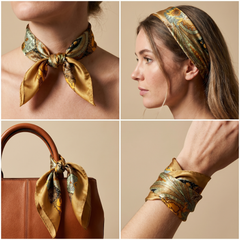 Roselys Paris foulard femme doré vert baroque carré satiné 70x70 cm, en bandeau dans les cheveux