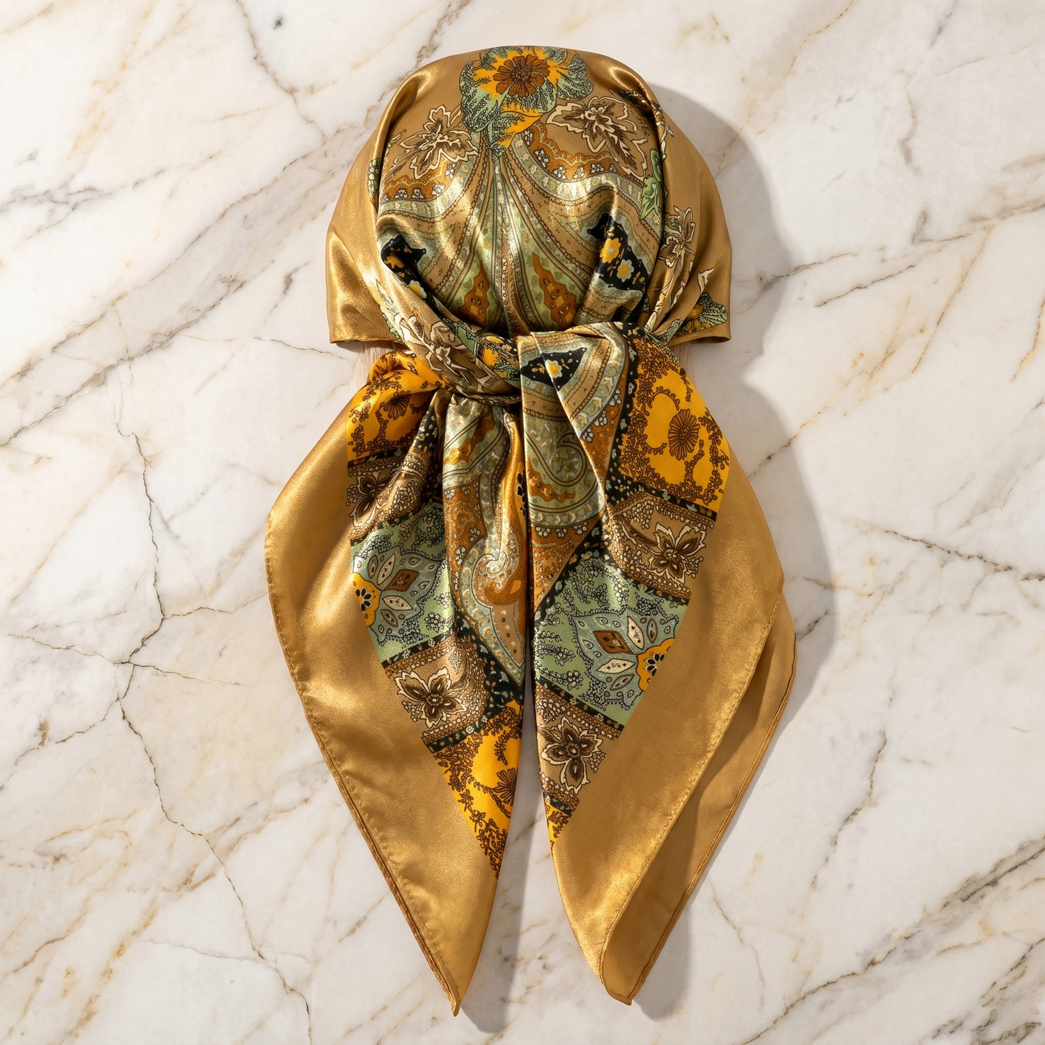 Roselys Paris foulard femme doré vert baroque carré satiné 70x70 cm