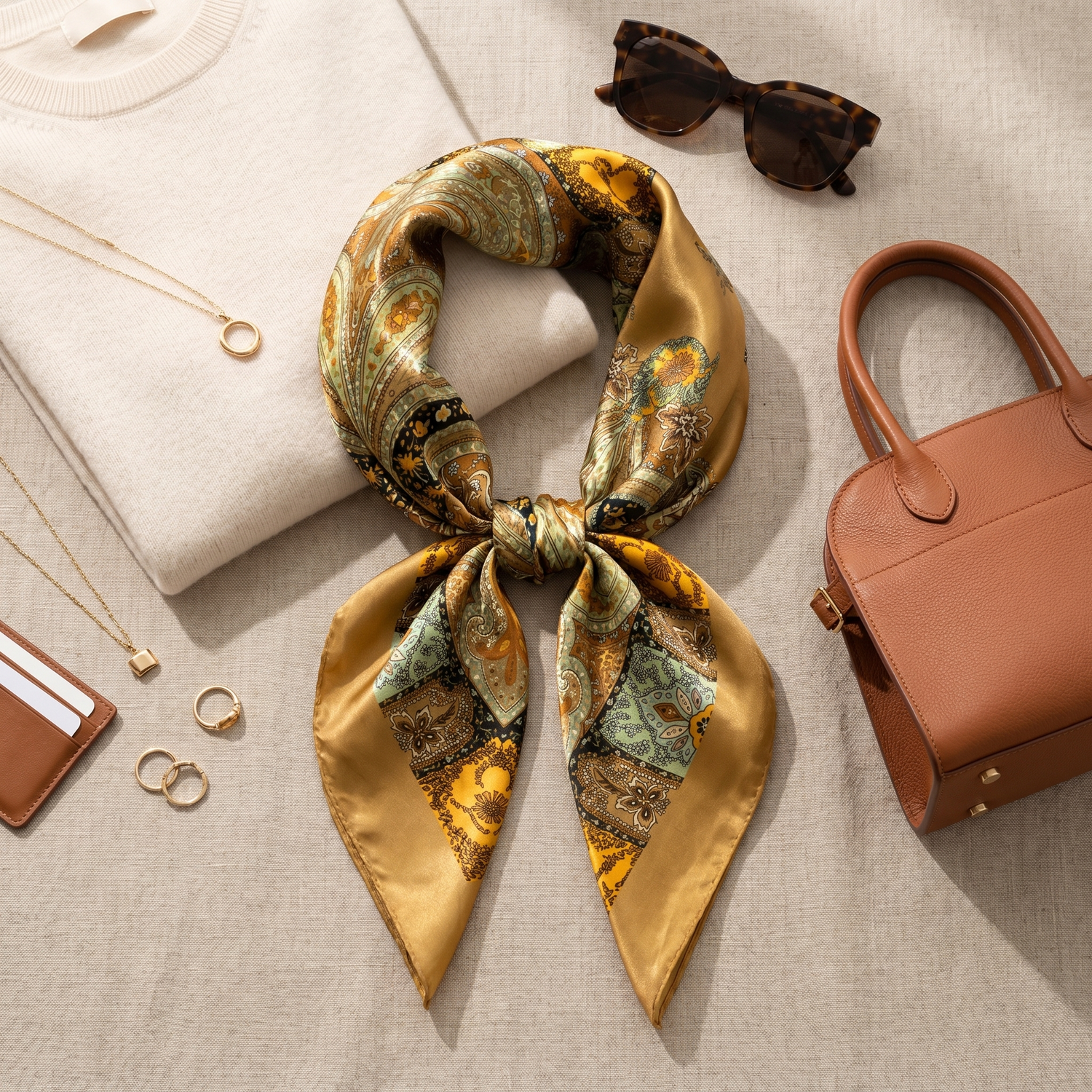 Roselys Paris foulard femme doré vert baroque carré satiné 70x70 cm, porté au cou