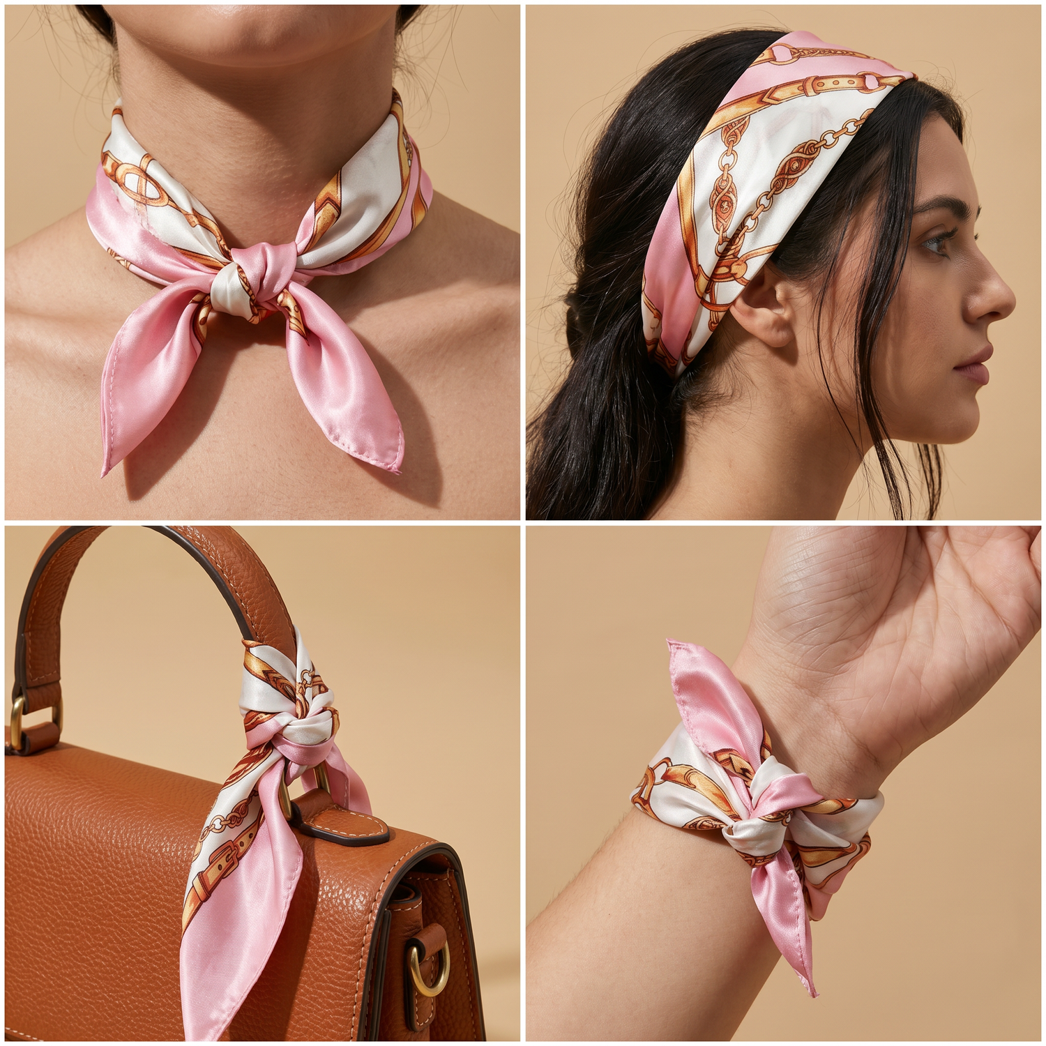 Roselys Paris foulard femme rose doré baroque carré satiné 70x70 cm, en bandeau dans les cheveux