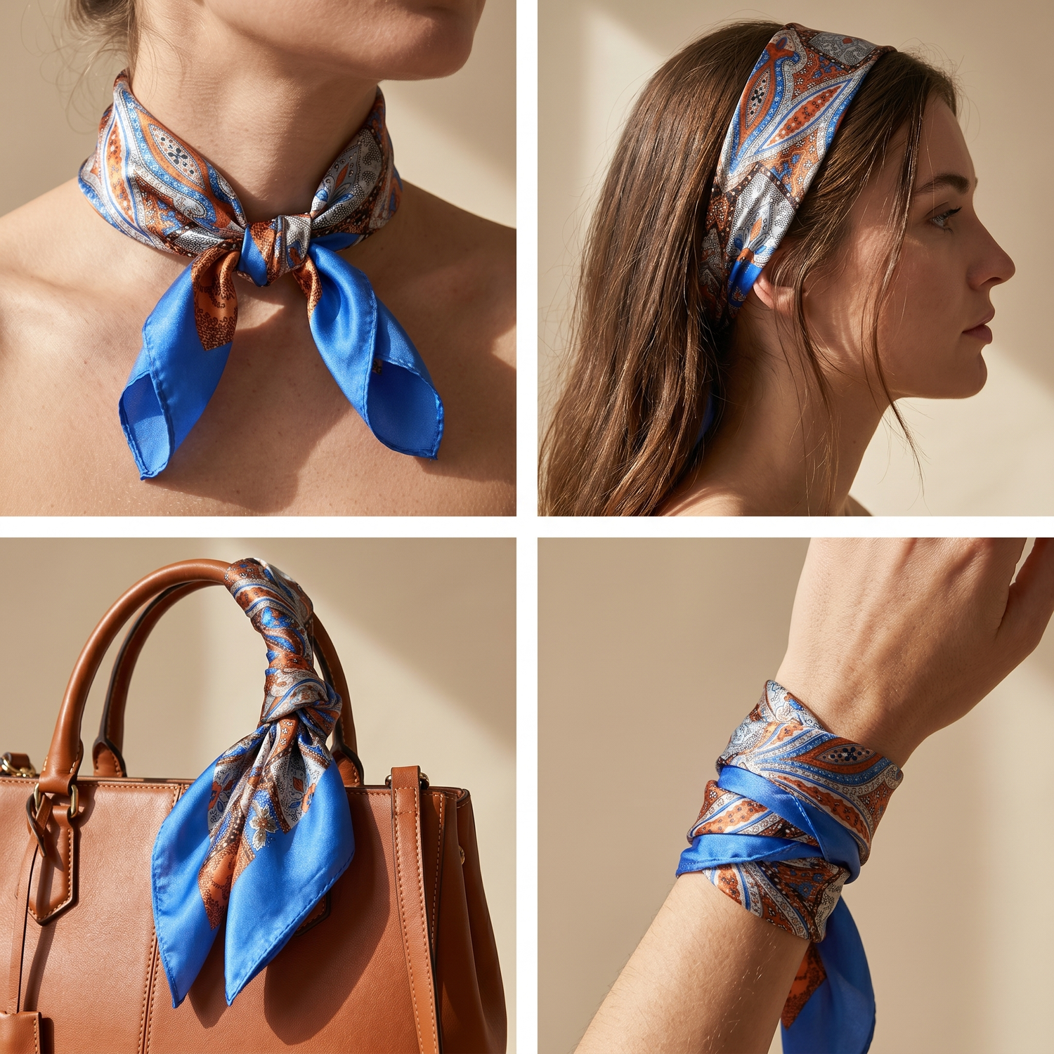Roselys Paris foulard femme bleu orange paisley carré satiné 70x70 cm, en bandeau dans les cheveux