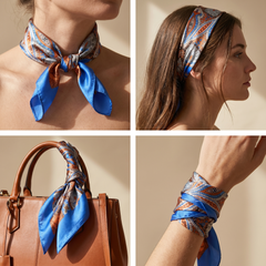 Roselys Paris foulard femme bleu orange paisley carré satiné 70x70 cm, en bandeau dans les cheveux