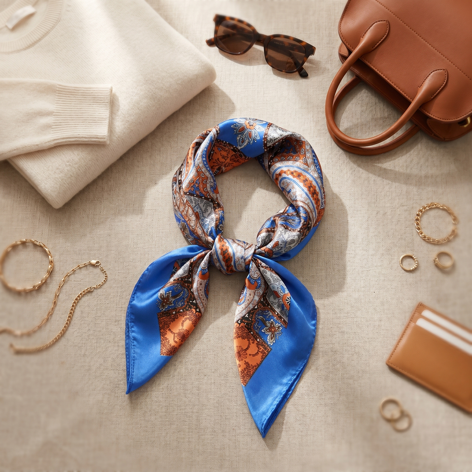 Roselys Paris foulard femme bleu orange paisley carré satiné 70x70 cm, porté au cou