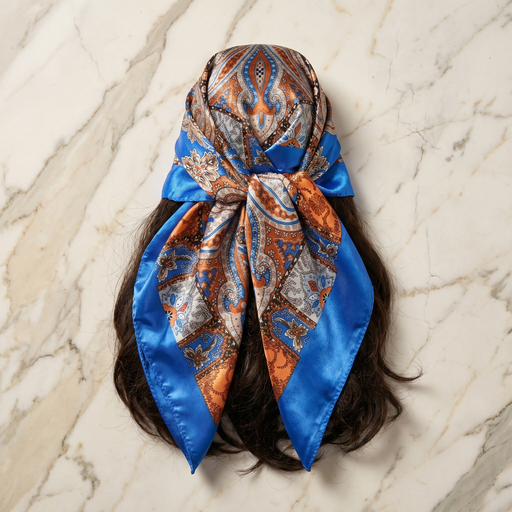 Roselys Paris foulard femme bleu orange paisley carré satiné 70x70 cm