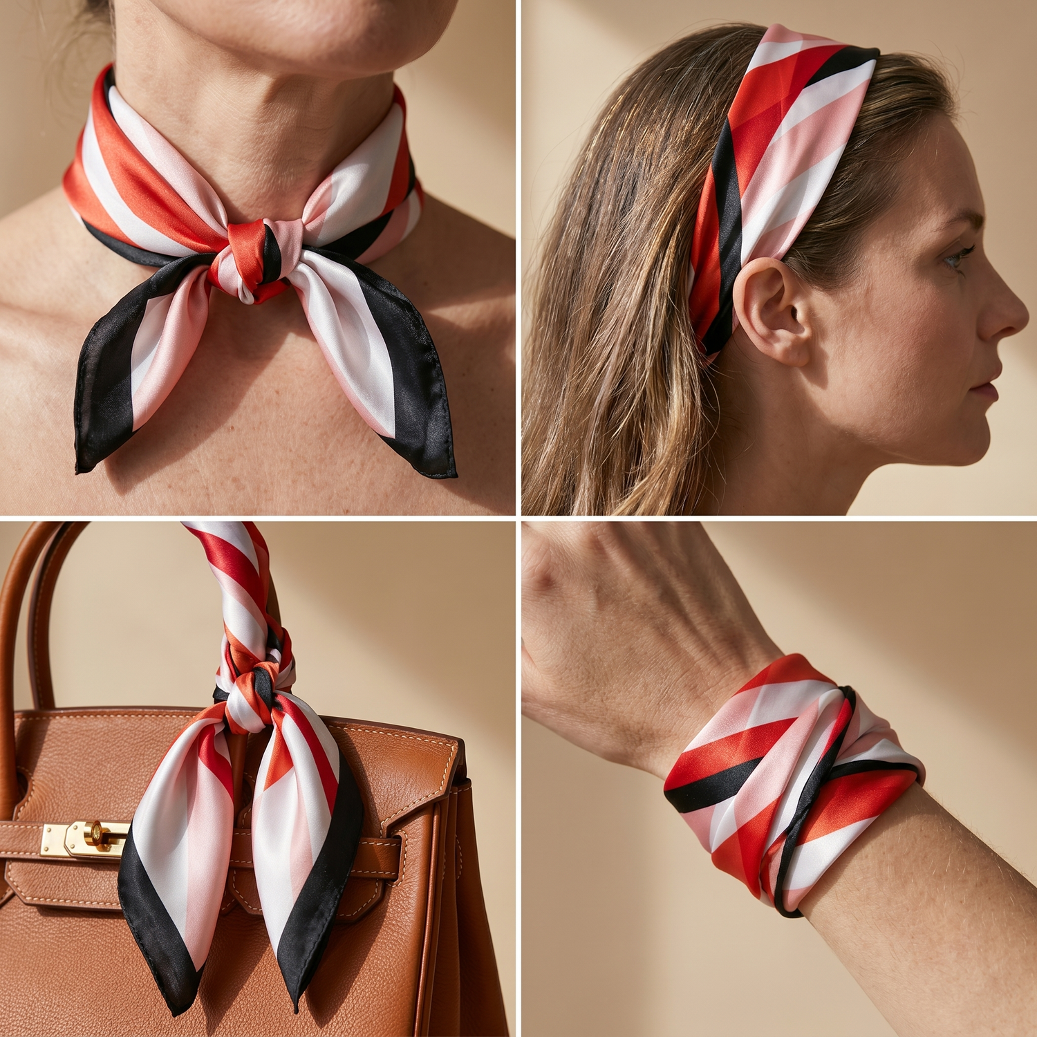 Roselys Paris foulard femme rouge blanc abstrait carré satiné 70x70 cm, en bandeau dans les cheveux