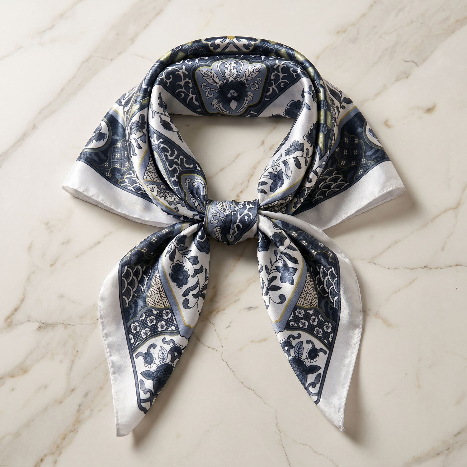 Roselys Paris foulard femme marine blanc paisley carré satiné 70x70 cm