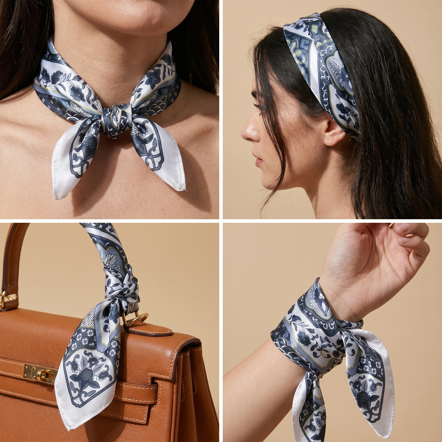 Roselys Paris foulard femme marine blanc paisley carré satiné 70x70 cm, en bandeau dans les cheveux