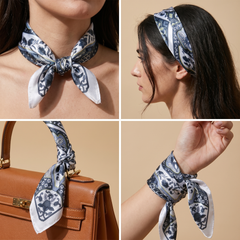 Roselys Paris foulard femme marine blanc paisley carré satiné 70x70 cm, en bandeau dans les cheveux