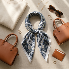 Roselys Paris foulard femme marine blanc paisley carré satiné 70x70 cm, porté au cou