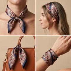 Roselys Paris foulard femme marron bleu paisley carré satiné 70x70 cm, en bandeau dans les cheveux