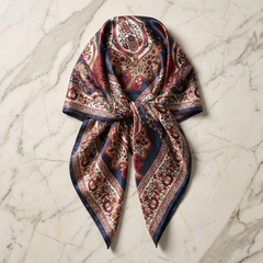 Roselys Paris foulard femme marron bleu paisley carré satiné 70x70 cm