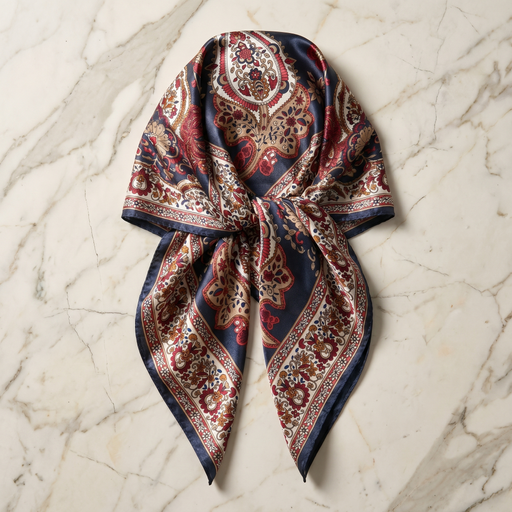 Roselys Paris foulard femme marron bleu paisley carré satiné 70x70 cm