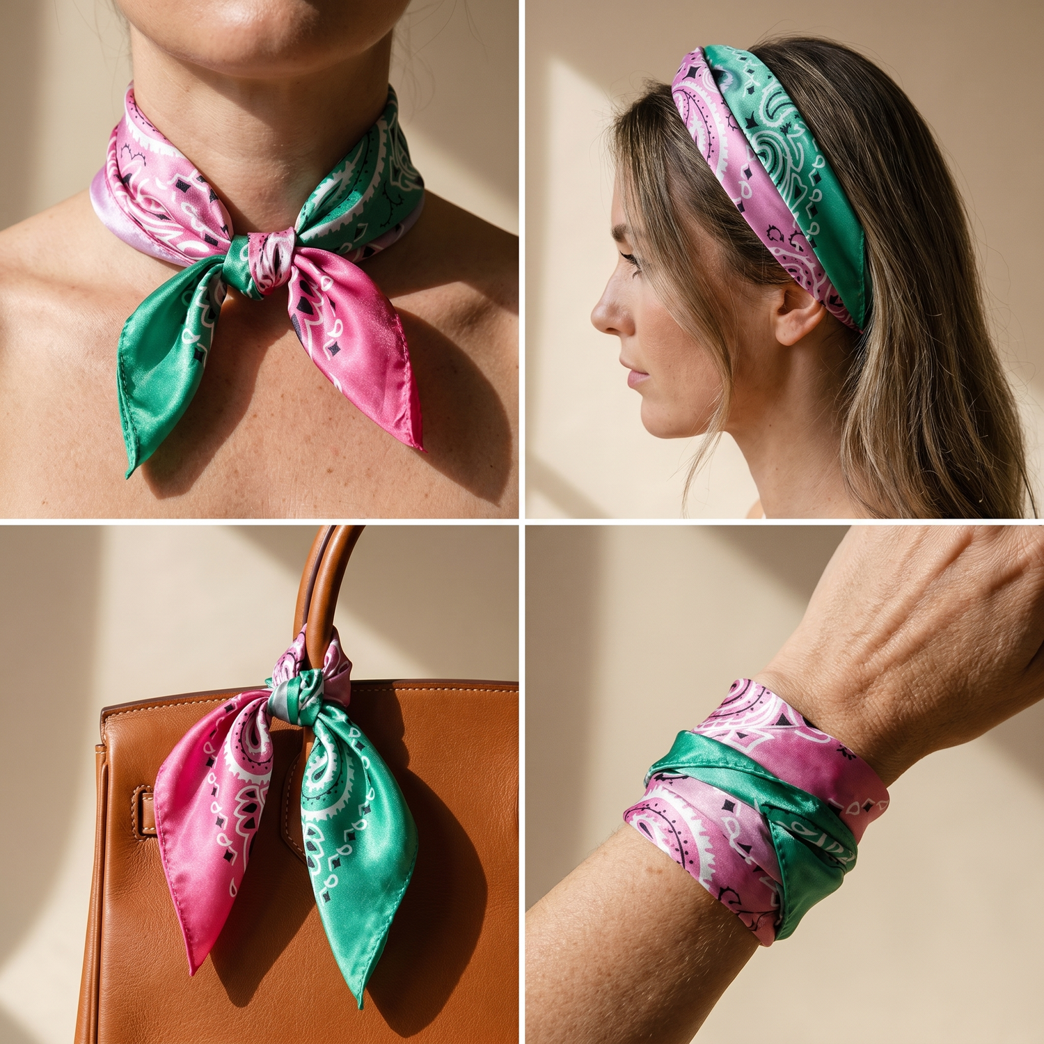 Roselys Paris foulard femme vert rose paisley carré satiné 70x70 cm, en bandeau dans les cheveux