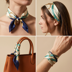 Roselys Paris foulard femme marine doré baroque carré satiné 70x70 cm, en bandeau dans les cheveux