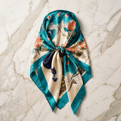 Roselys Paris foulard femme vert orange fleuri carré satiné 70x70 cm