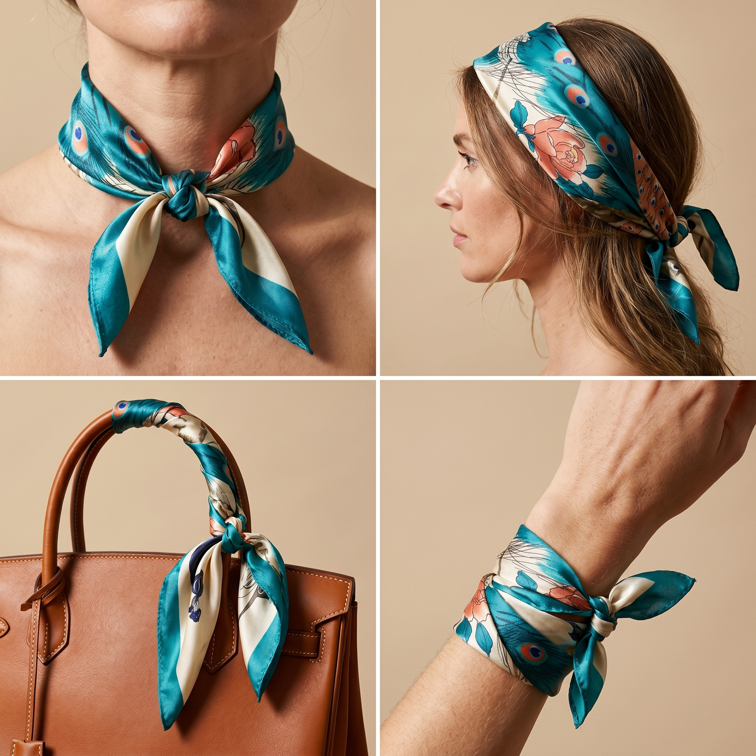 Roselys Paris foulard femme vert orange fleuri carré satiné 70x70 cm, en bandeau dans les cheveux