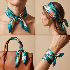 Roselys Paris foulard femme vert orange fleuri carré satiné 70x70 cm, en bandeau dans les cheveux