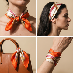 Roselys Paris foulard femme crème orange baroque carré satiné 70x70 cm, en bandeau dans les cheveux