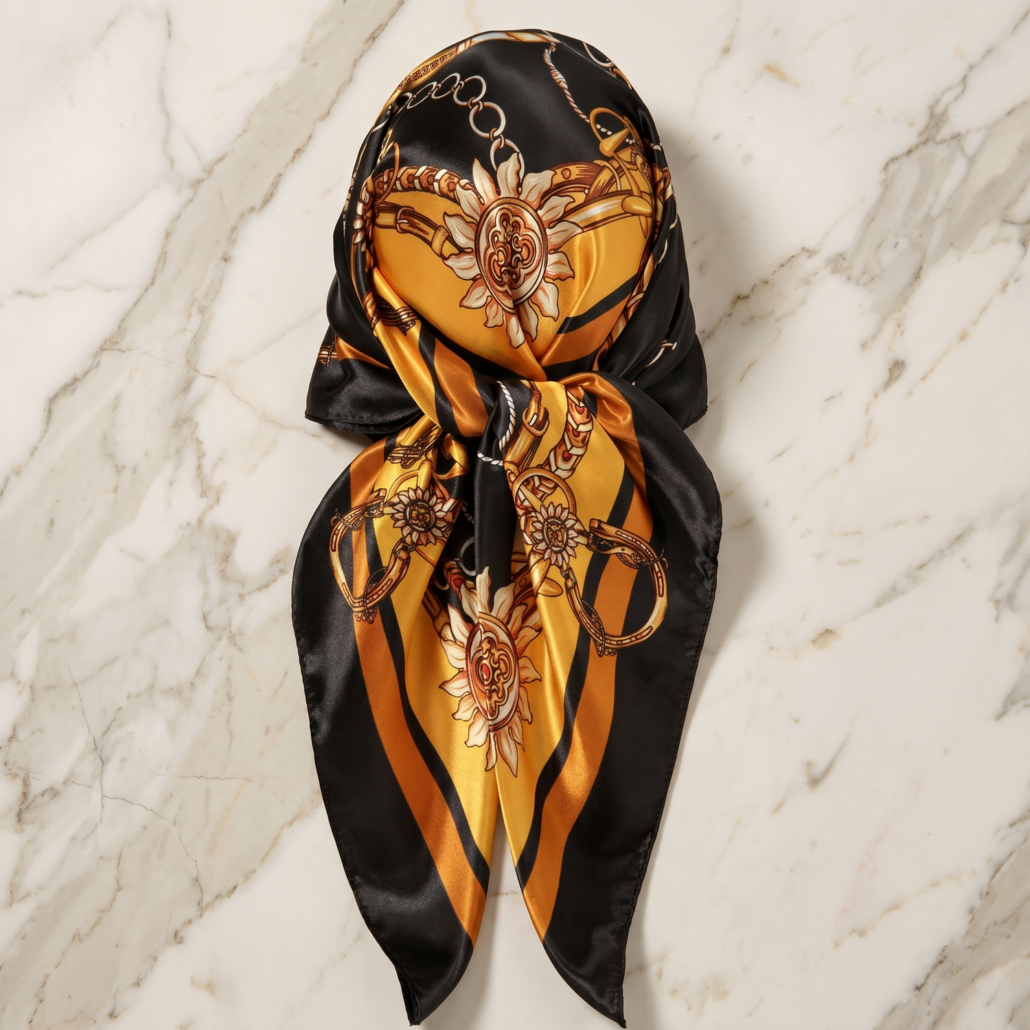 Roselys Paris foulard femme noir doré baroque carré satiné 70x70 cm