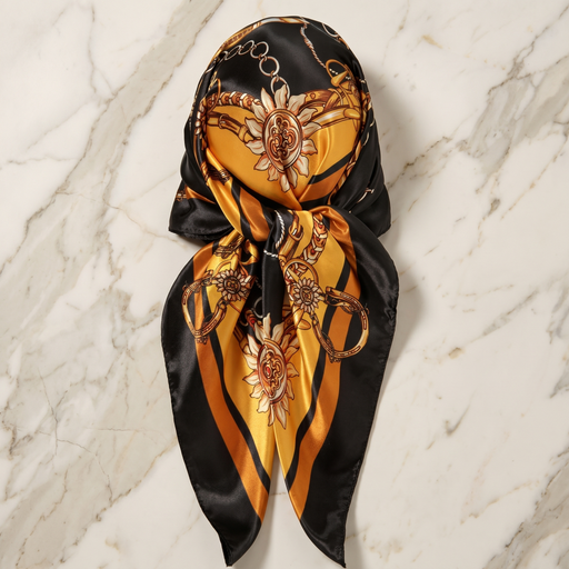Roselys Paris foulard femme noir doré baroque carré satiné 70x70 cm