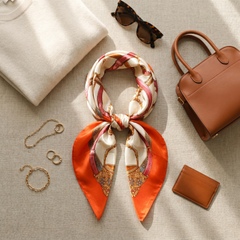 Roselys Paris foulard femme crème orange baroque carré satiné 70x70 cm, porté au cou