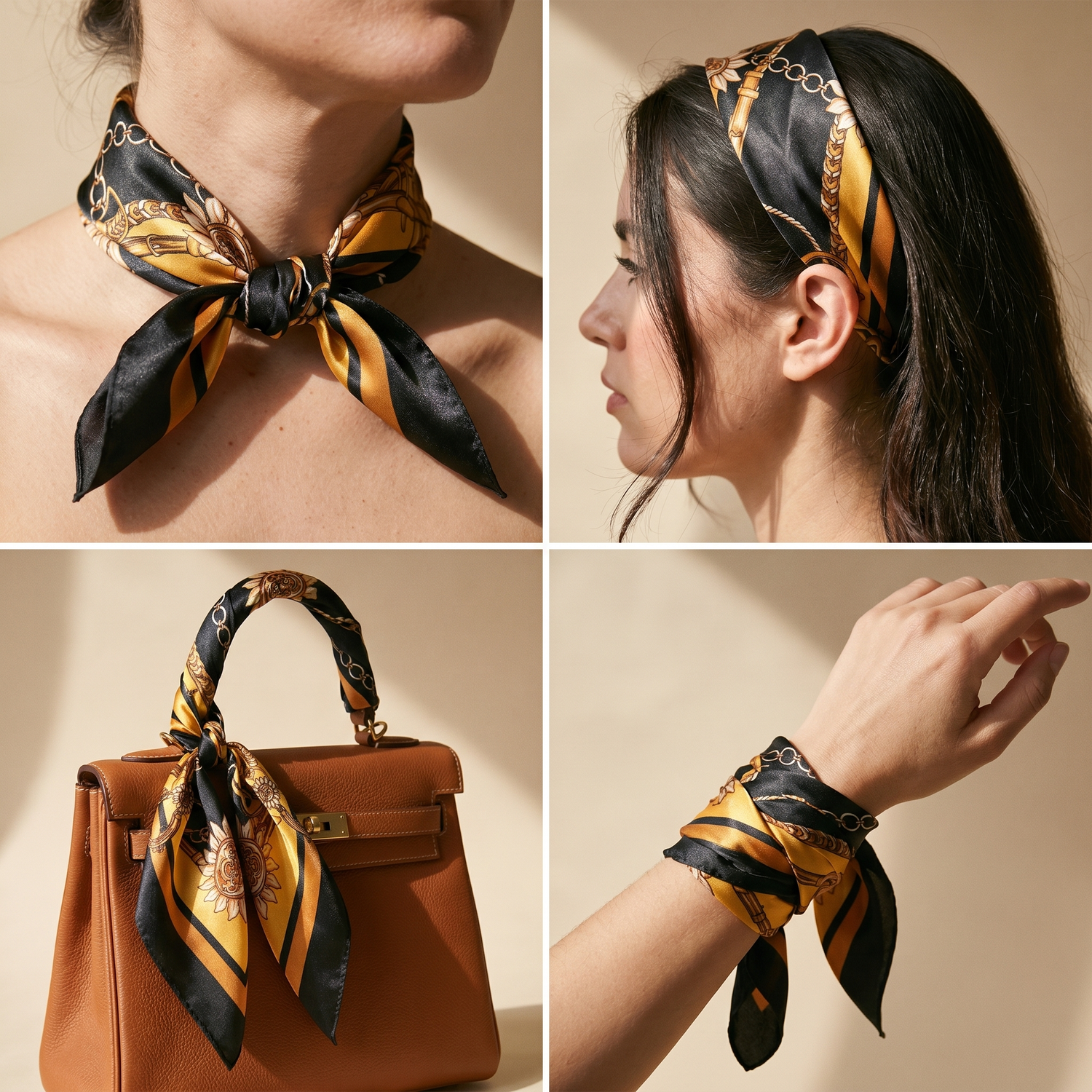 Roselys Paris foulard femme noir doré baroque carré satiné 70x70 cm, en bandeau dans les cheveux