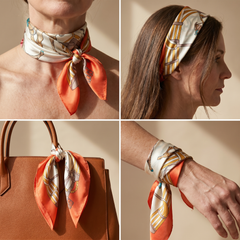 Roselys Paris foulard femme crème orange baroque carré satiné 70x70 cm, porté au cou