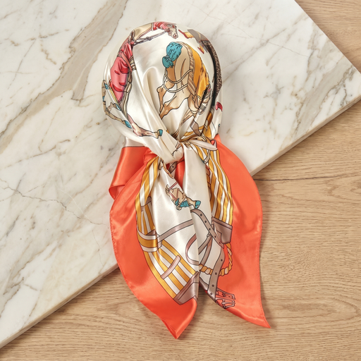 Roselys Paris foulard femme crème orange baroque carré satiné 70x70 cm