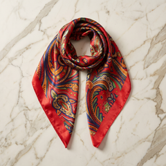 Roselys Paris foulard femme rouge doré paisley carré satiné 70x70 cm